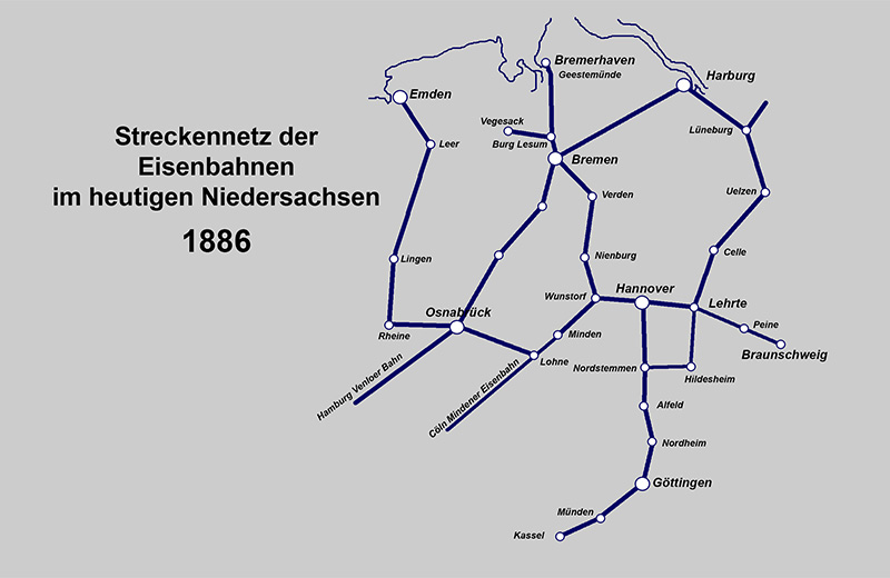 Streckennetz der Eisenbahnen im heutigen Niedersachsen 1886